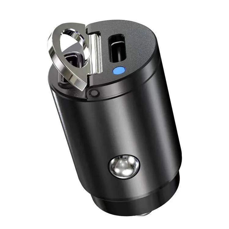 Black car cigarette lighter charger with dual USB ports and voltage display measuring 45x20.7mm