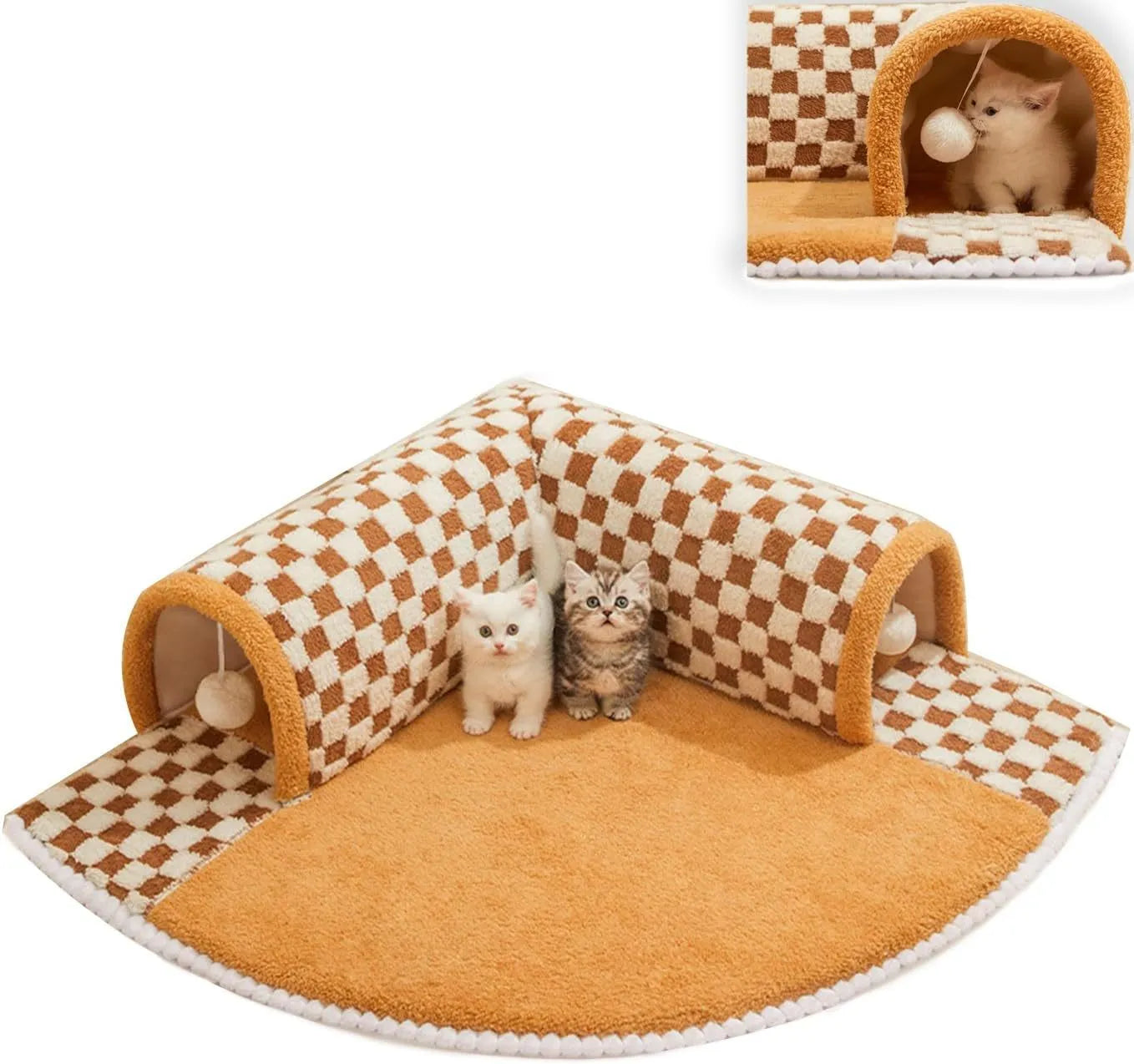 Brown plaid cat tunnel bed with central mat showing collapsible tunnel tube and non-slip bottom