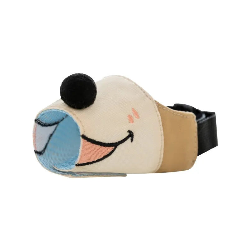Canvas dog mouth cover in Ollie Brown Bear colour with weight-based sizing guide showing S, M, L, XL options