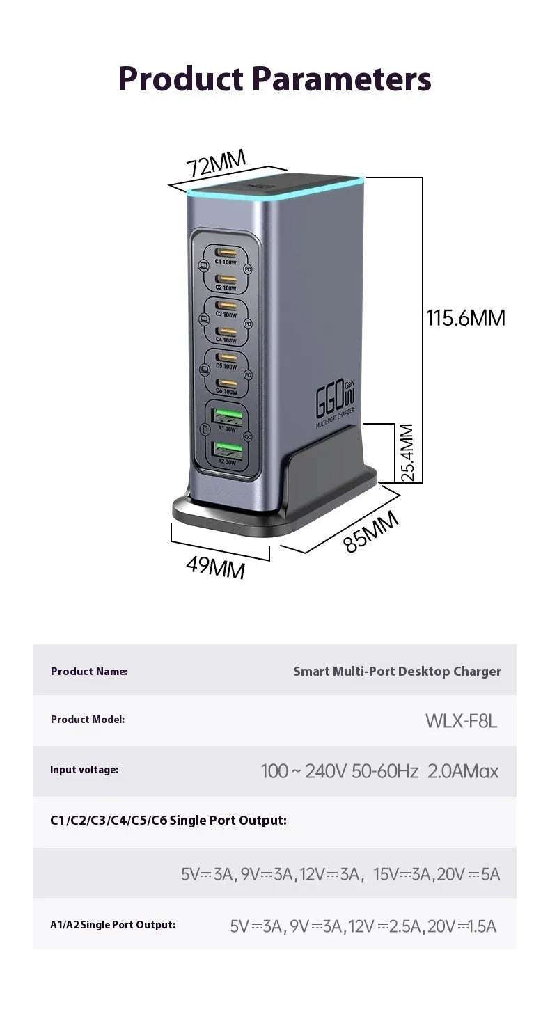 660W gallium nitride desktop fast charger with multiple TYPE-C ports and international plug options