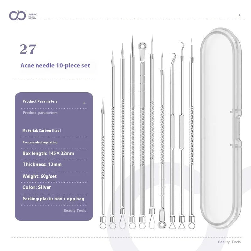 4-piece metal acne needle set with ultra fine pointed tips on silver background