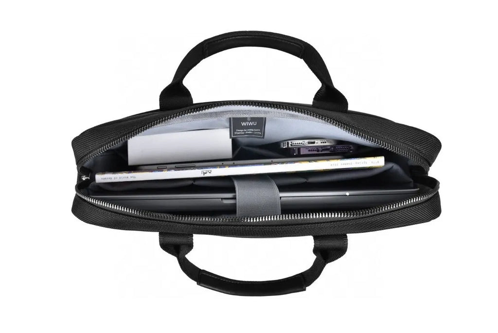 Black Oxford cloth laptop backpack with multiple organisational pockets and lock feature