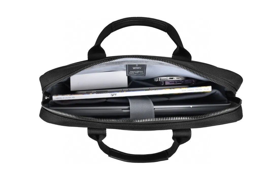 Black Oxford cloth laptop backpack with multiple organisational pockets and lock feature