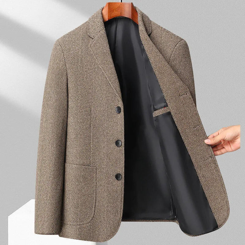 Men's loose-fit wool coat in solid colour with Asian sizing options for casual spring and autumn wear