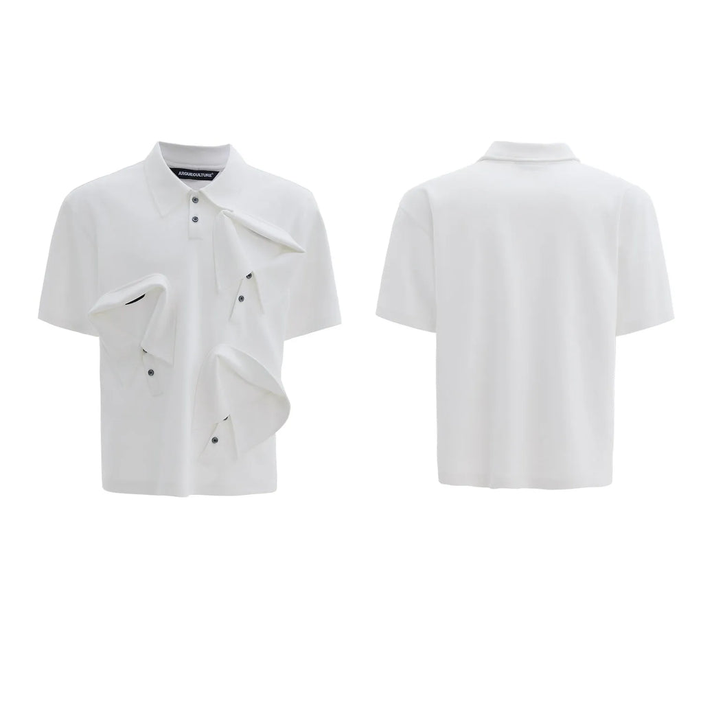 Men's grey polo shirt with a deconstructed multi-collar design and a geometric floral pattern on the front.