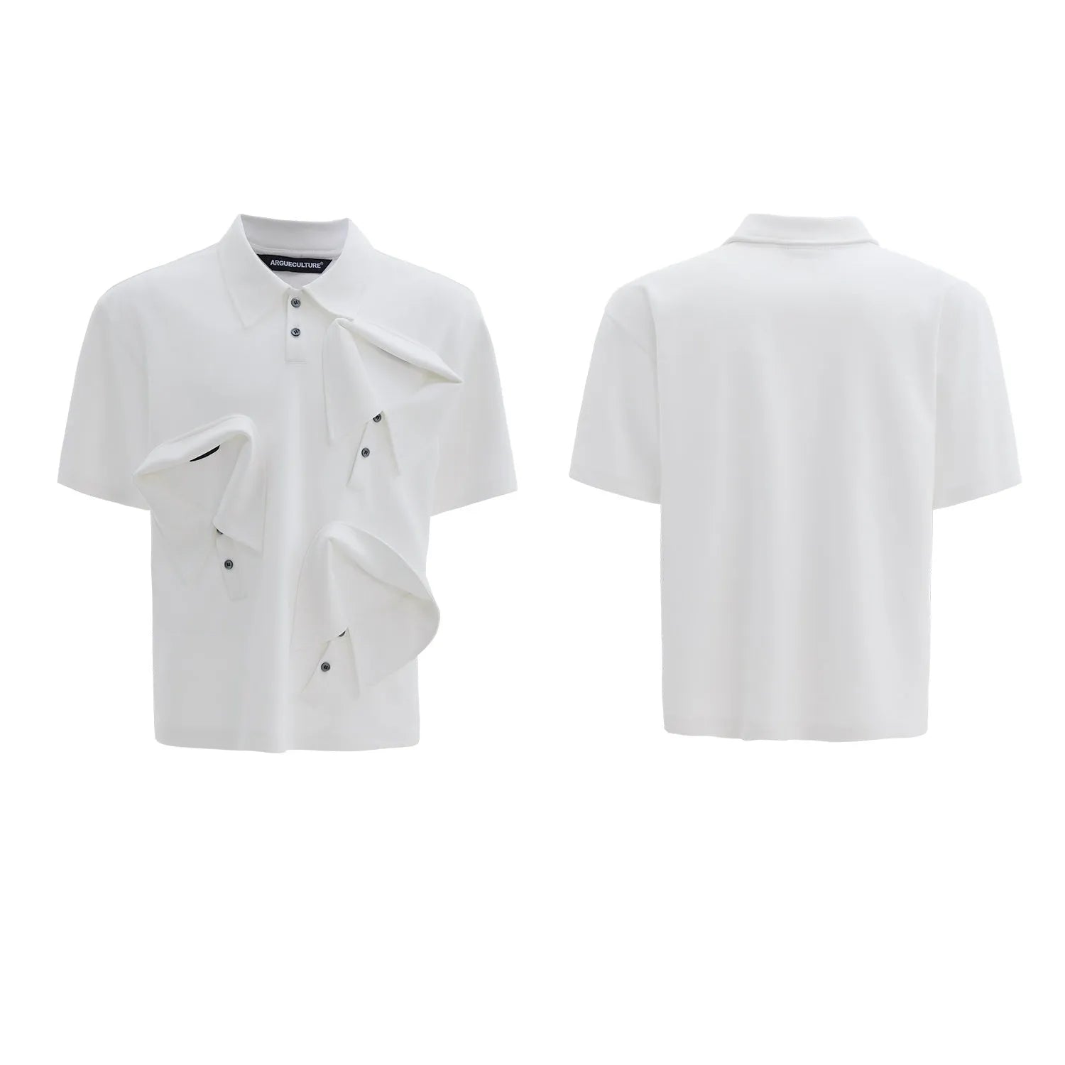 Men's grey polo shirt with a deconstructed multi-collar design and a geometric floral pattern on the front.