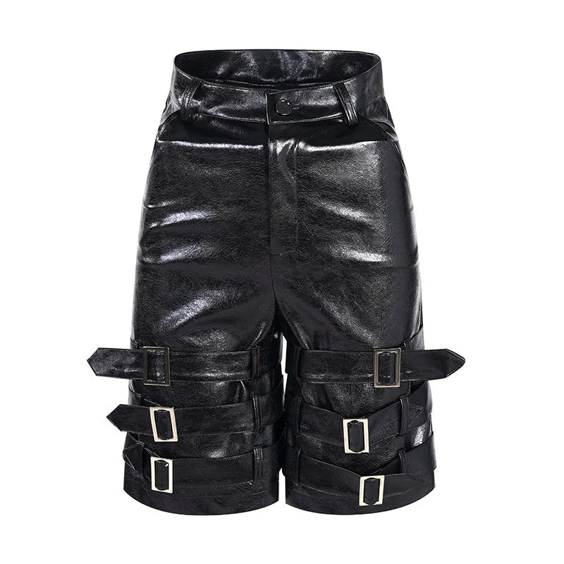 Black men's PU leather cropped pants shorts with medium-low waist and stretch fit