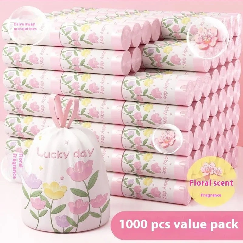 Pink degradable drawstring garbage bag with argy wormwood mosquito repellent, shown with dimensions 44cm by 48cm.