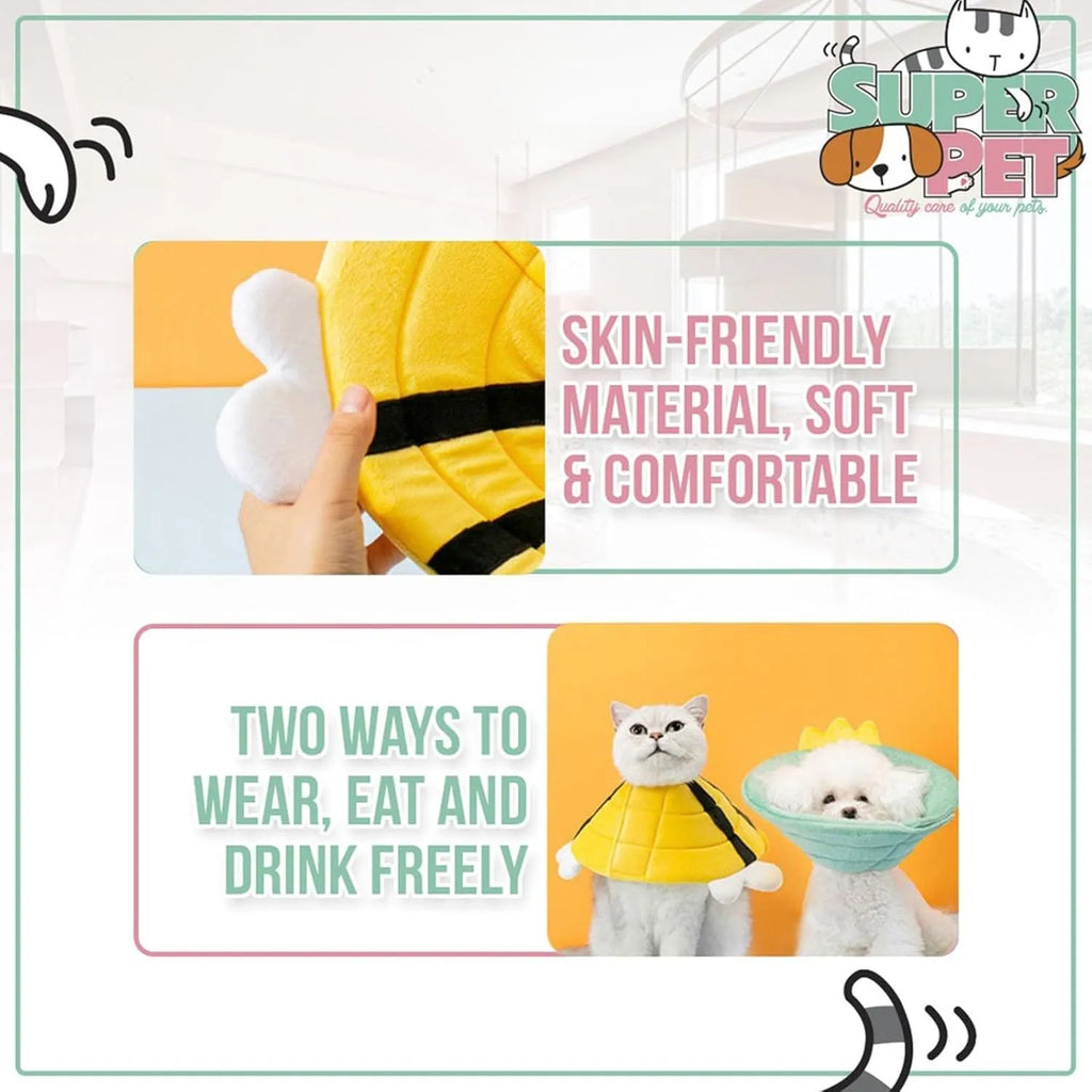 Soft cat cone collar with bee design and adjustable Velcro closure for pet recovery