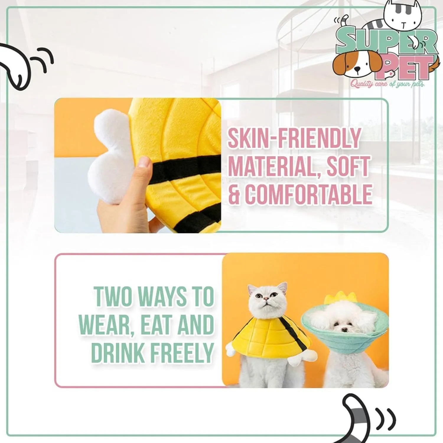 Soft cat cone collar with bee design and adjustable Velcro closure for pet recovery