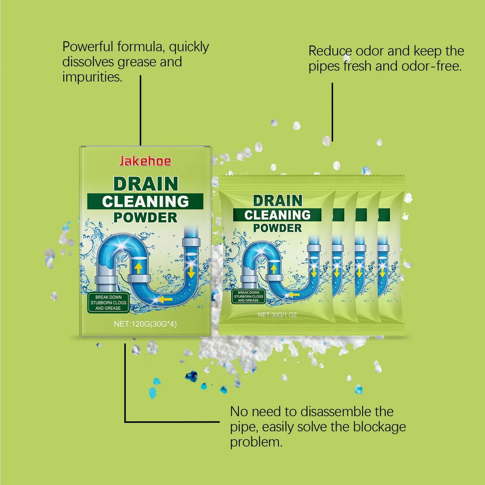 120g pack of drain cleaning powder with sodium hydroxide for blocked sinks and pipes