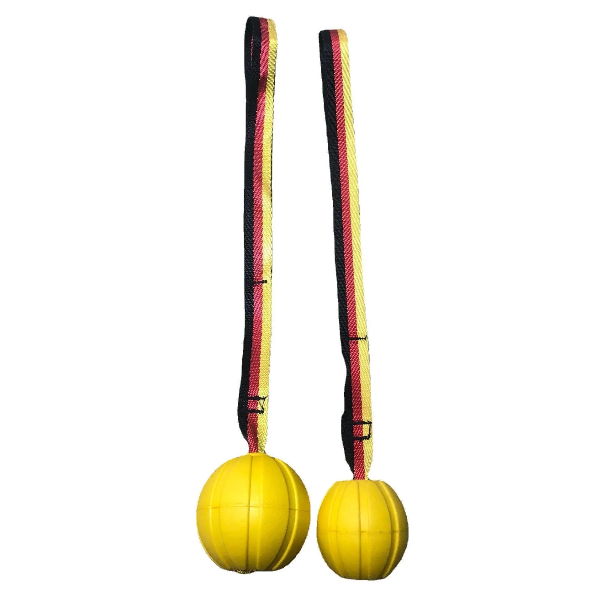 Floating EVA tetherball dog toy in yellow with attached retrieval string on water surface