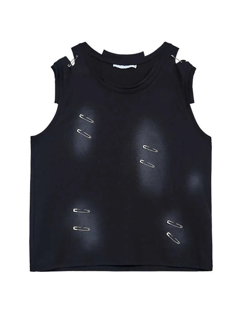 Men's black sleeveless waistcoat vest with irregular ripped cutting details and round neck collar
