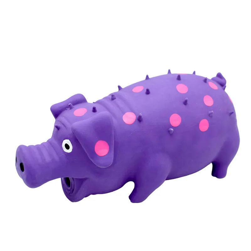 Blue latex pig-shaped dog chew toy with textured surface and squeaky function