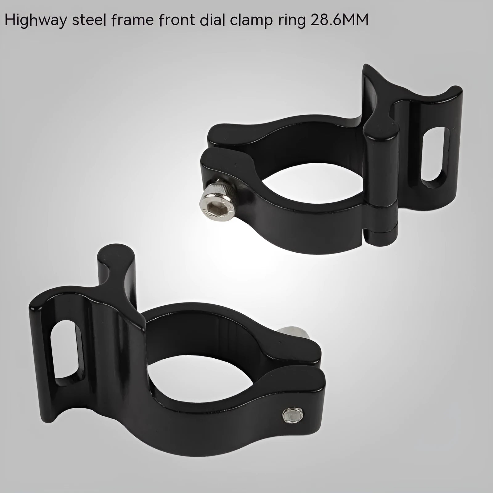 Black aluminium alloy vehicle clamp ring with a steel frame, showing a 28.6mm diameter.