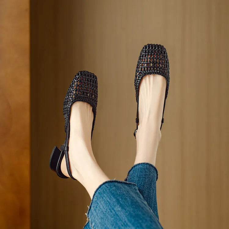 Women's woven hollow-out sandals with closed toe, square toe design and 4cm chunky block heel