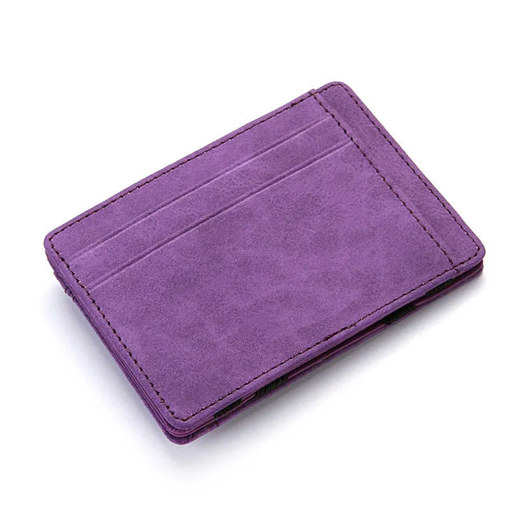 PU leather RFID blocking magic wallet in a solid colour, shown open to reveal card slots and a zippered coin pouch.