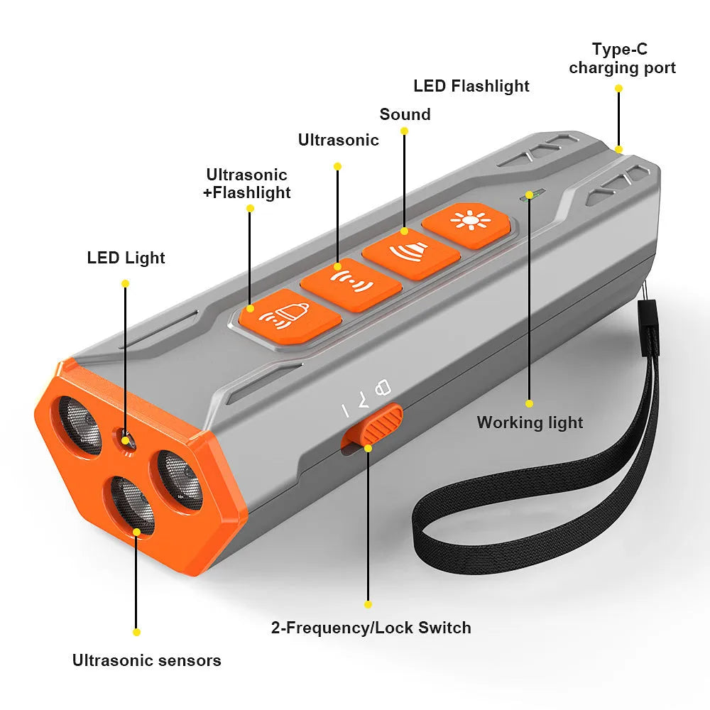 Three head ultrasonic dog trainer in black and orange ABS plastic casing