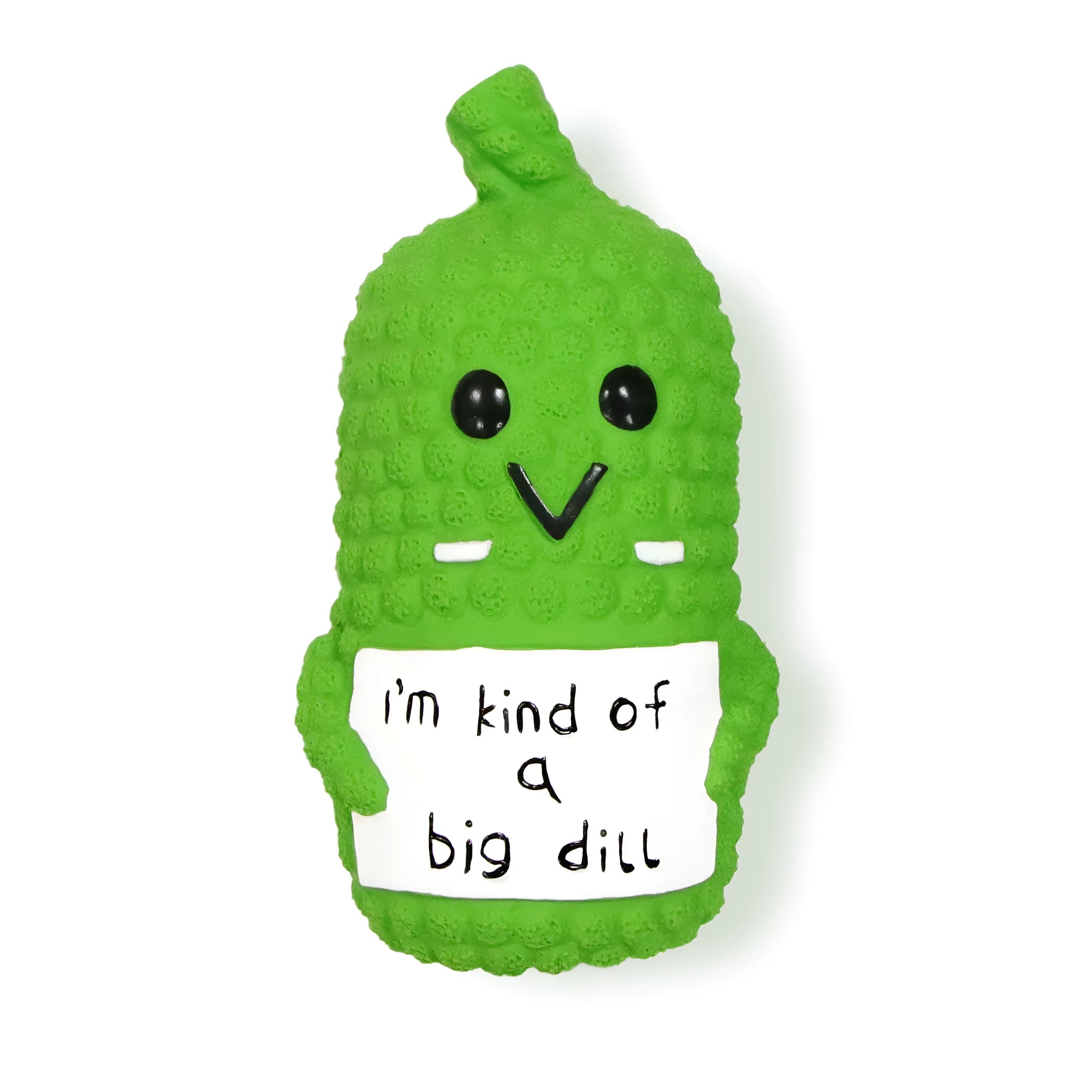 Green pickle-shaped squeaky latex dog chew toy with textured nubs on a white background.