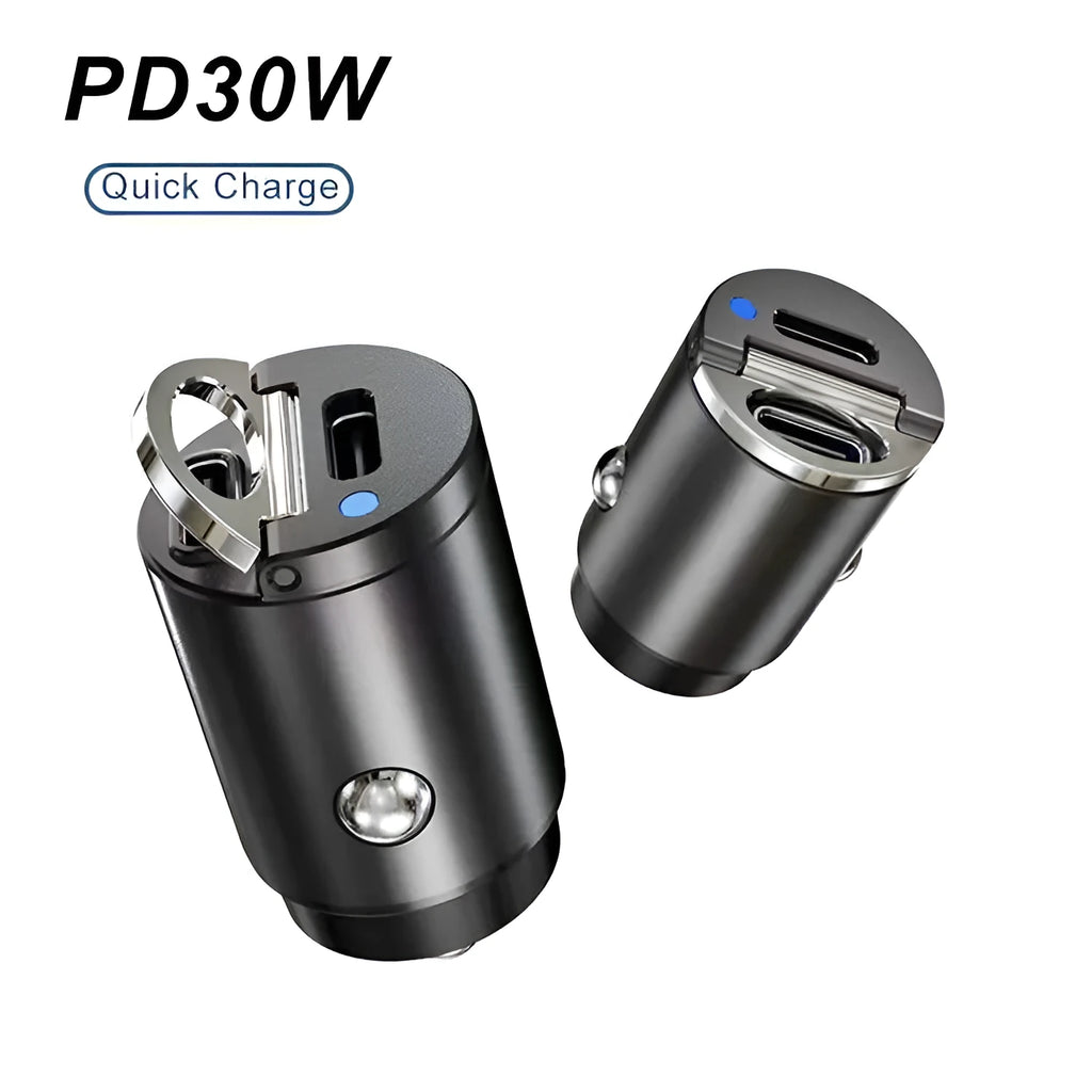 Black car cigarette lighter charger with dual USB ports and voltage display measuring 45x20.7mm