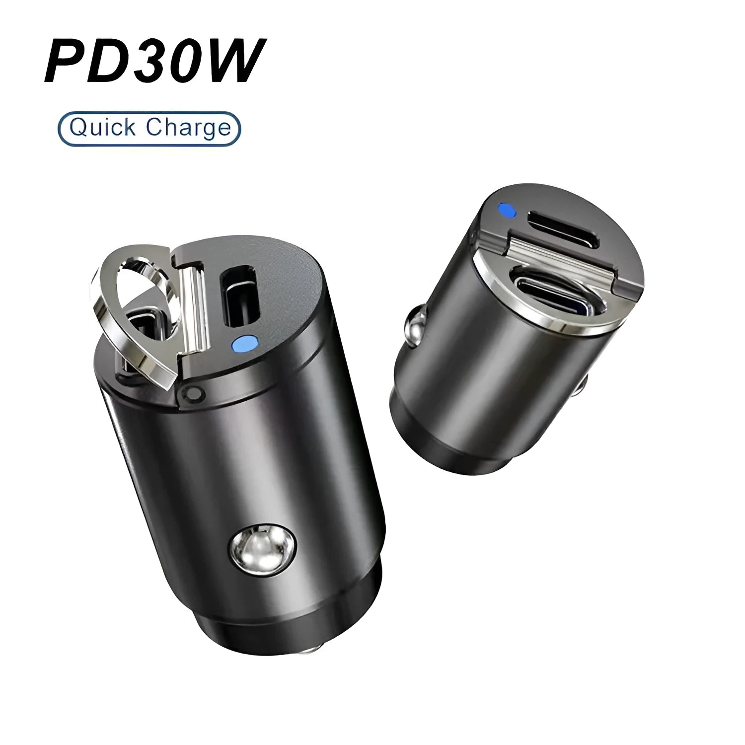 Black car cigarette lighter charger with dual USB ports and voltage display measuring 45x20.7mm