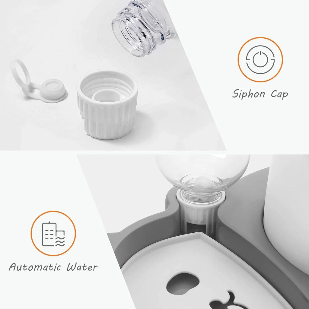 Grey panda-shaped raised pet feeder with tilted food bowl and automatic water bottle