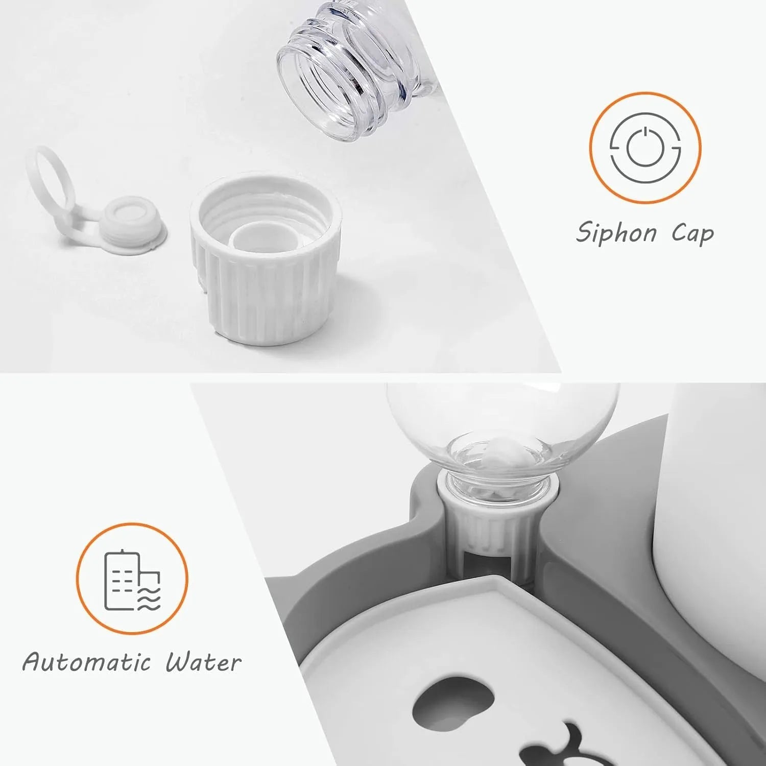 Grey panda-shaped raised pet feeder with tilted food bowl and automatic water bottle