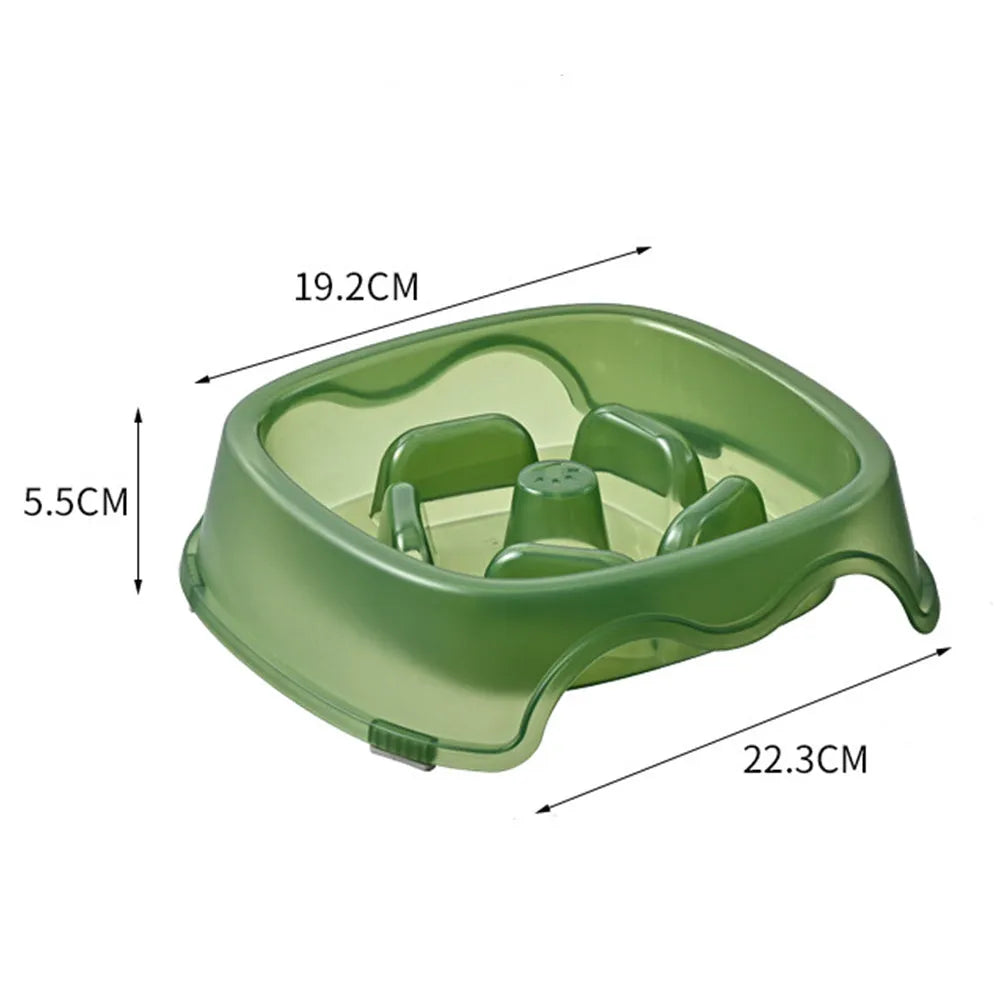 Blue plastic dog slow feeder bowl with anti-choking design on a white background.