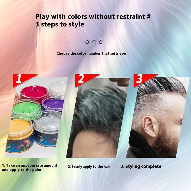 120g hair styling clay container showing colour options including blue, green, orange, purple, red, and grey