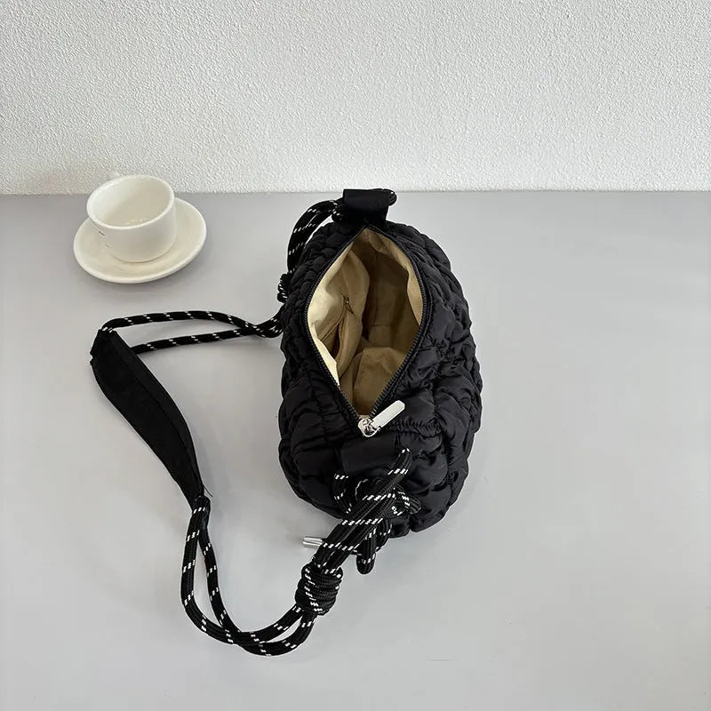 Women's lightweight nylon messenger bag in pillow shape with rhombus pattern and shoulder strap