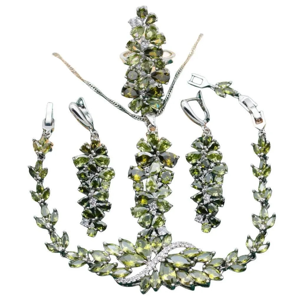 Retro jewellery set with plants and flowers design showing necklace, earrings, ring and bracelet in olive purple colours