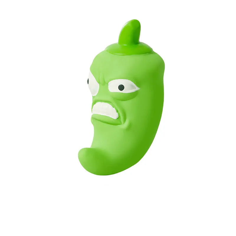 Natural rubber dog chew toy in bitter gourd or chilli shape for grinding teeth.