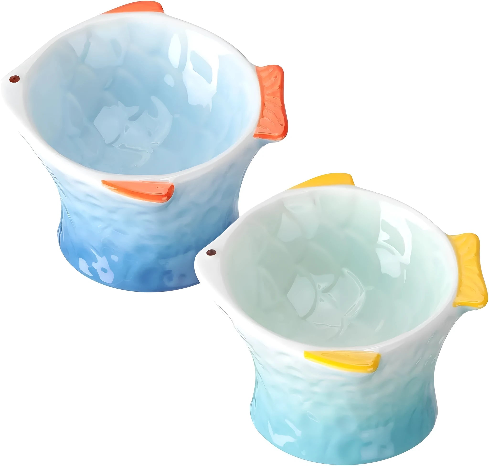 Blue fish-shaped ceramic cat bowl with elevated base and tilted food well