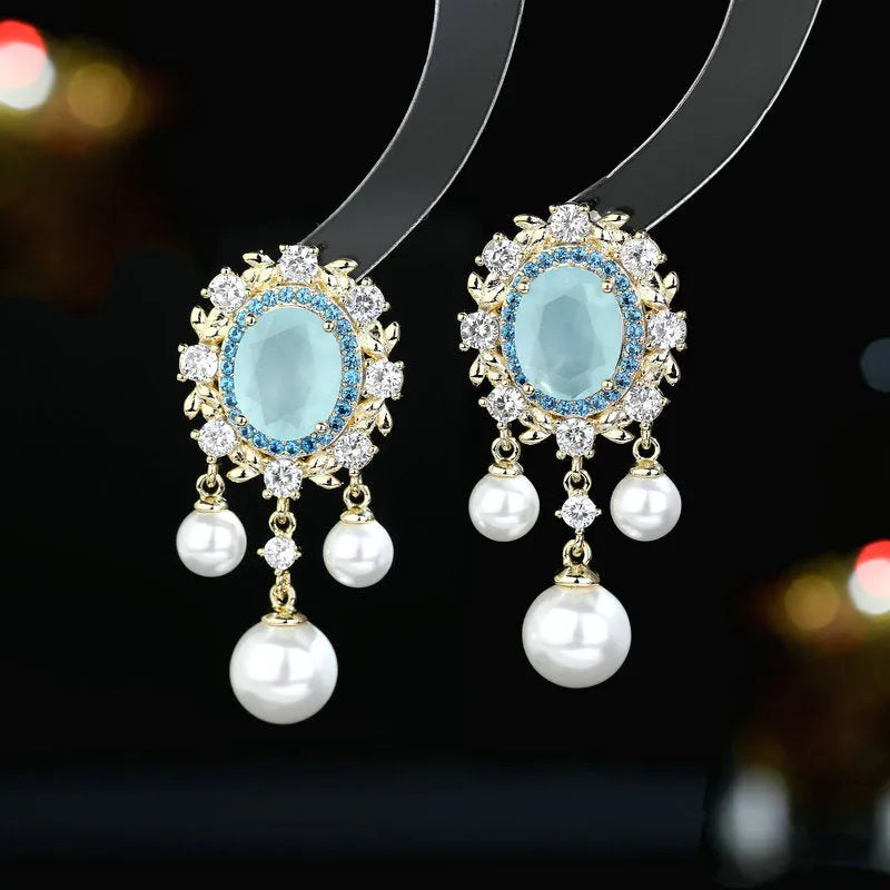 Oval geometric earrings with zircon inlay and pearl tassels in four colour variations