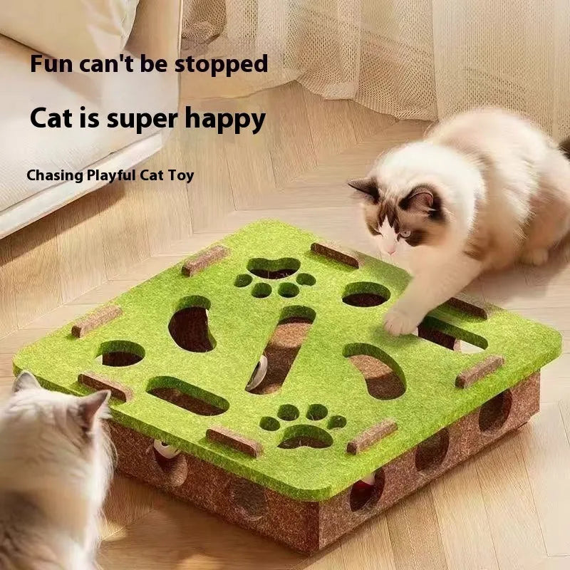 Green brown felt cat toy box with a hole for scratching and interactive play