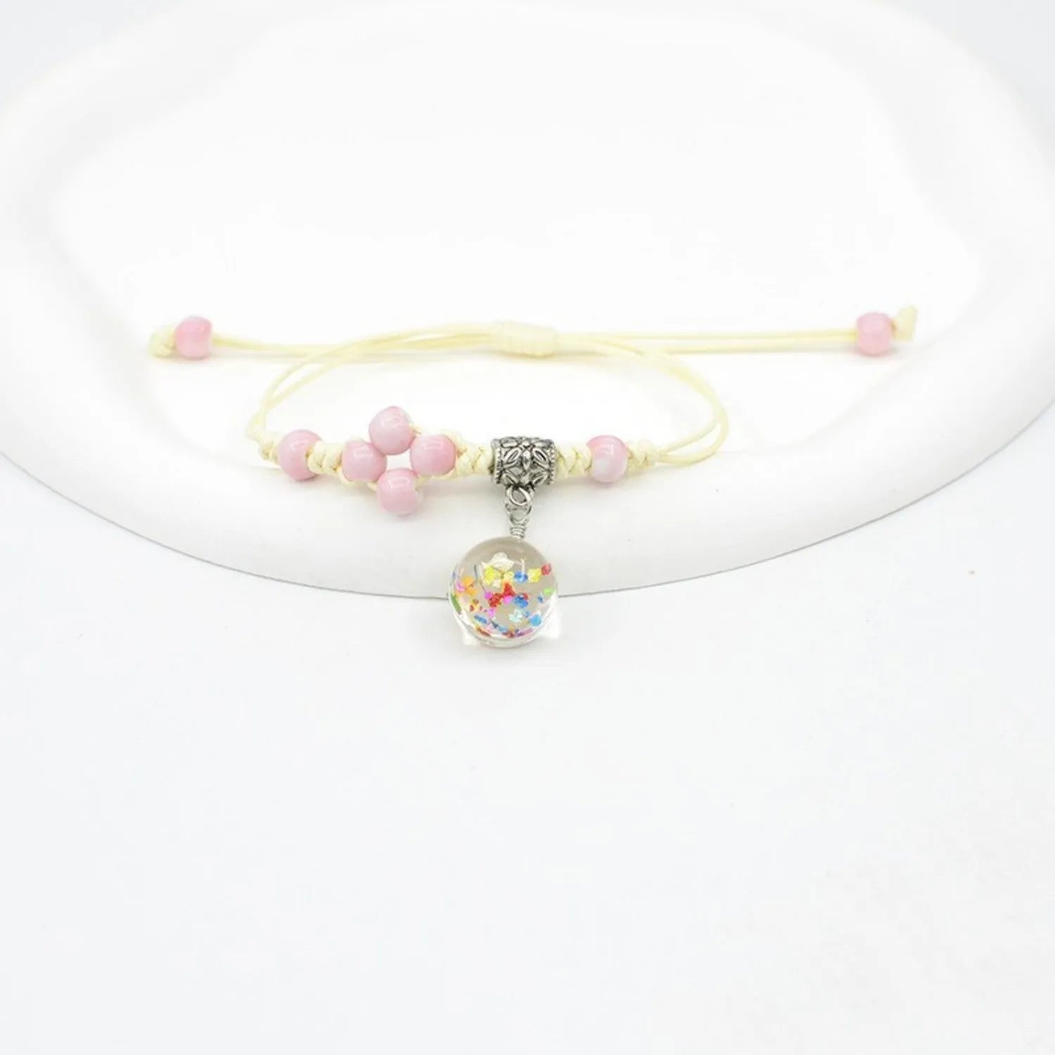 Glass dried flower bracelet with hand-woven lace and 1.4cm beads in multiple colour options
