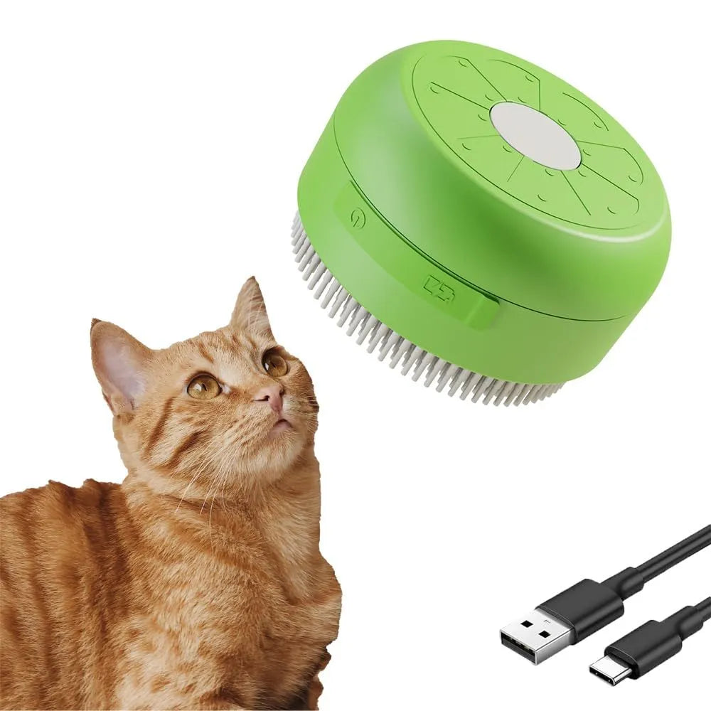 Green rechargeable cat and dog steam brush with soft silicone bristles on an ergonomic handle.