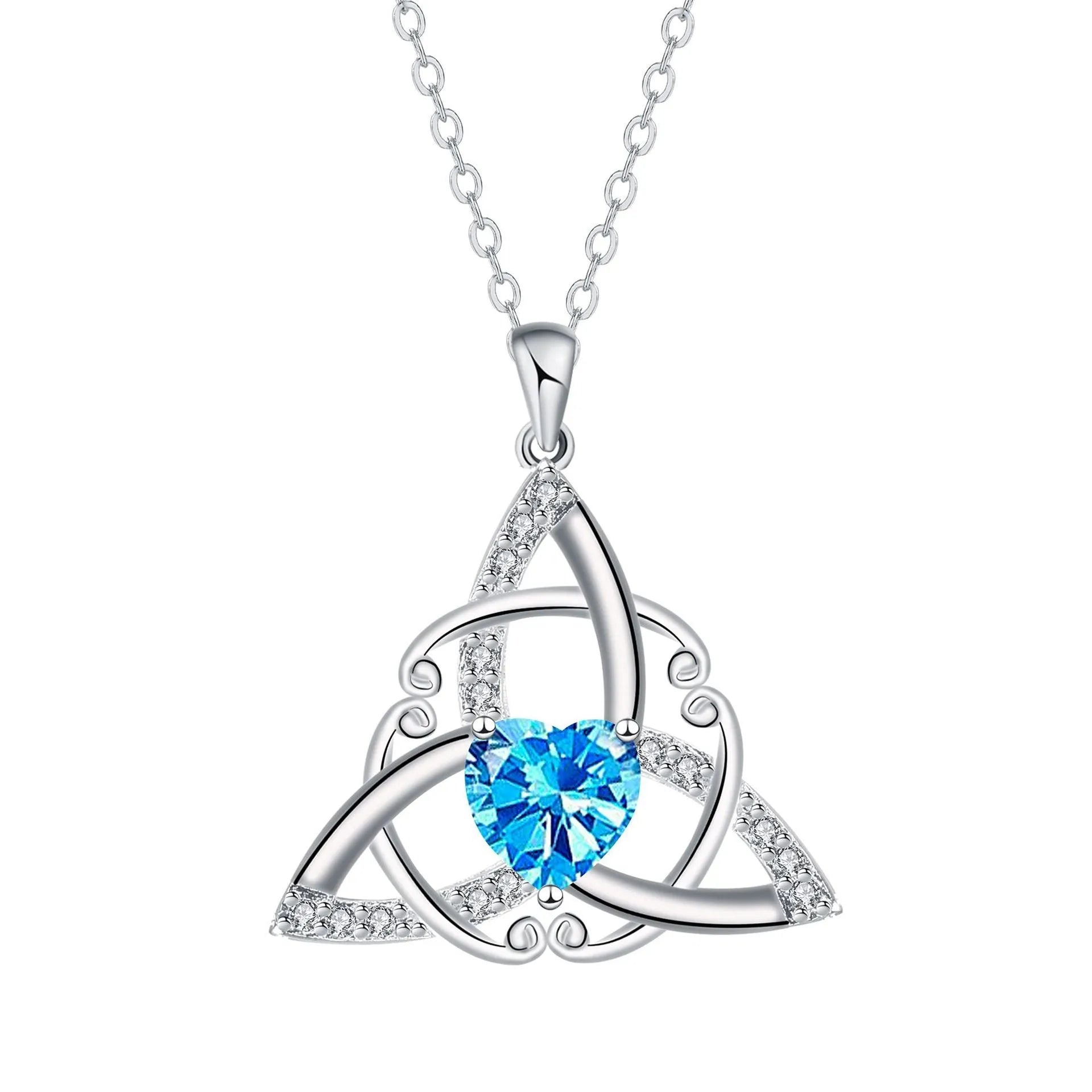Women's geometric Celtic knot pendant necklace in copper with electroplated blue finish