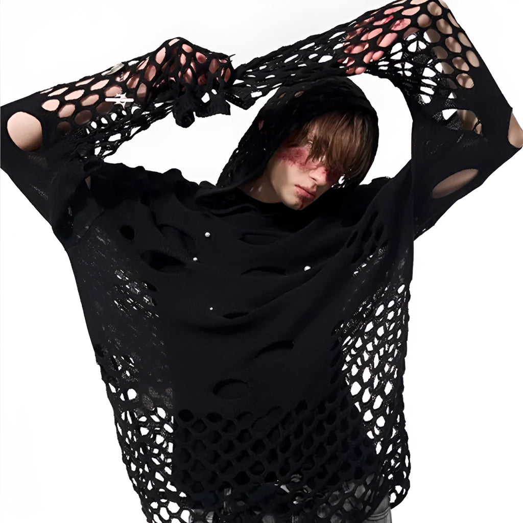 Men's black loose-fit hooded sweater with pearl decoration showing pullover design and regular sleeves