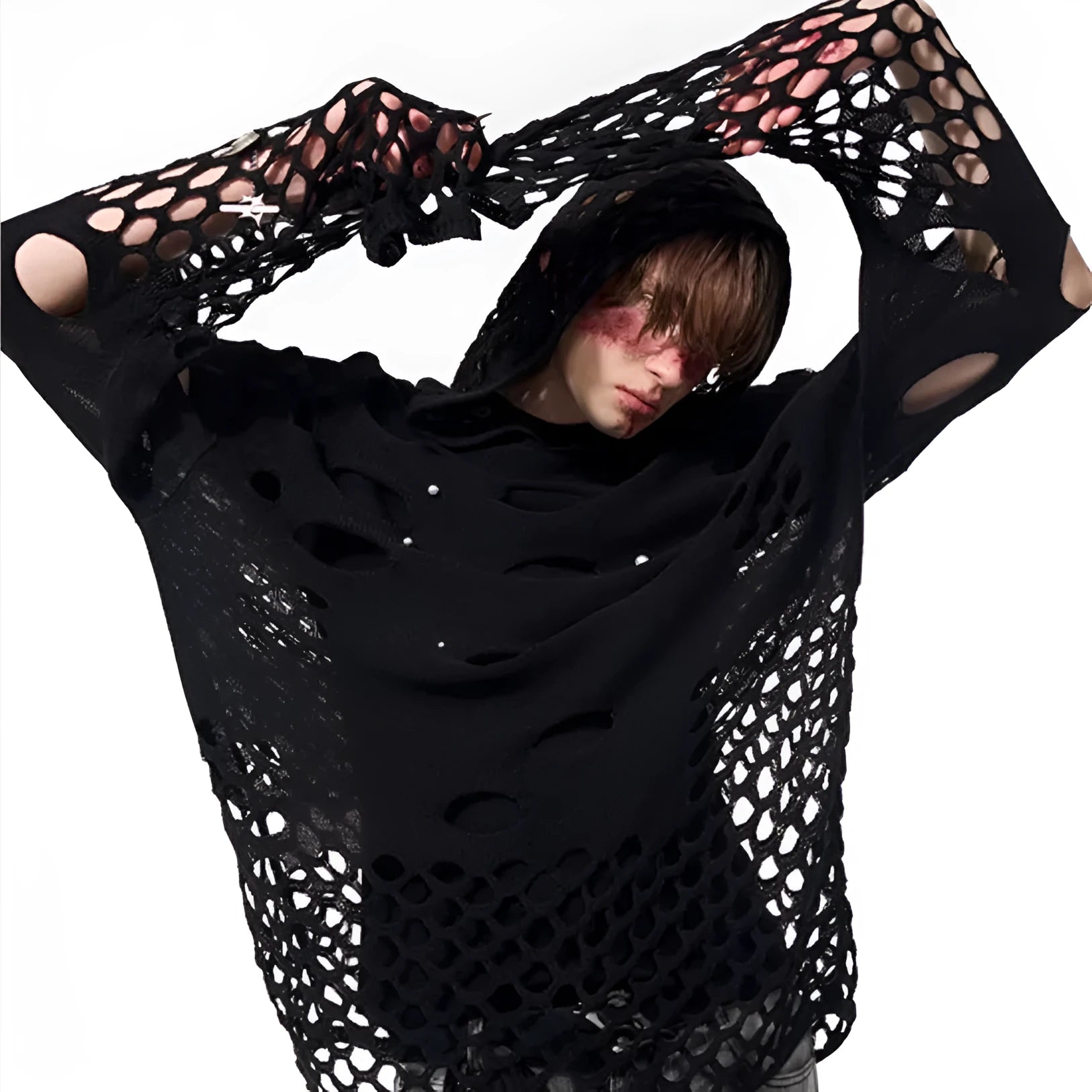 Men's black loose-fit hooded sweater with pearl decoration showing pullover design and regular sleeves