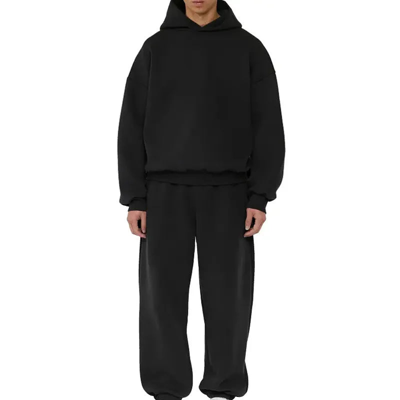 Men's fleece-lined cotton sweater hoodie with wool lining in solid colour options