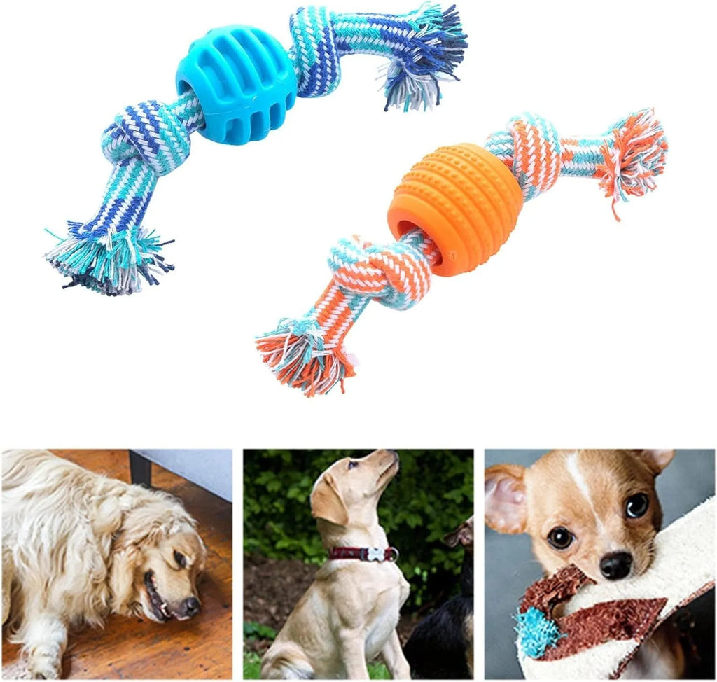 Blue dog dental chew toy with integrated rope elements for teeth cleaning