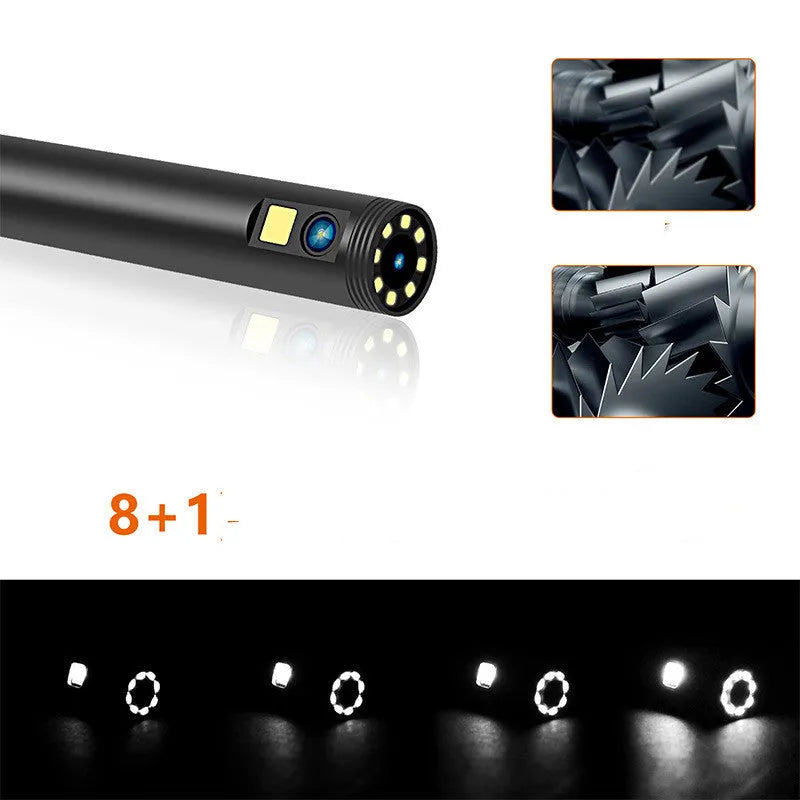 F300 wireless dual lens endoscope with 5.5mm and 8mm probes, magnet, hook, and smartphone display