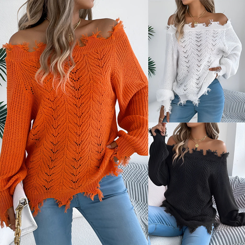 Women's white cut off-the-shoulder pullover sweater with hollow-out design and long sleeves