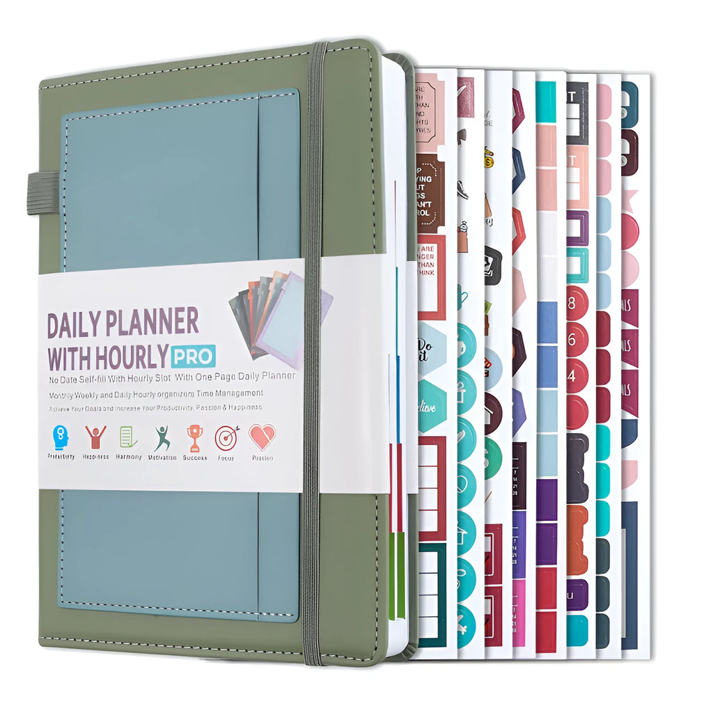 Creative trend notebook with PU cover, open to show undated strap and wood-free paper, with colour options displayed.