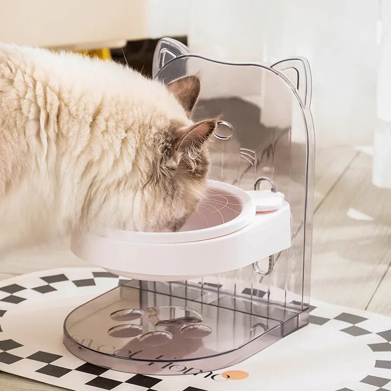 Grey adjustable height cat feeding bowl with anti-spill design and removable cage