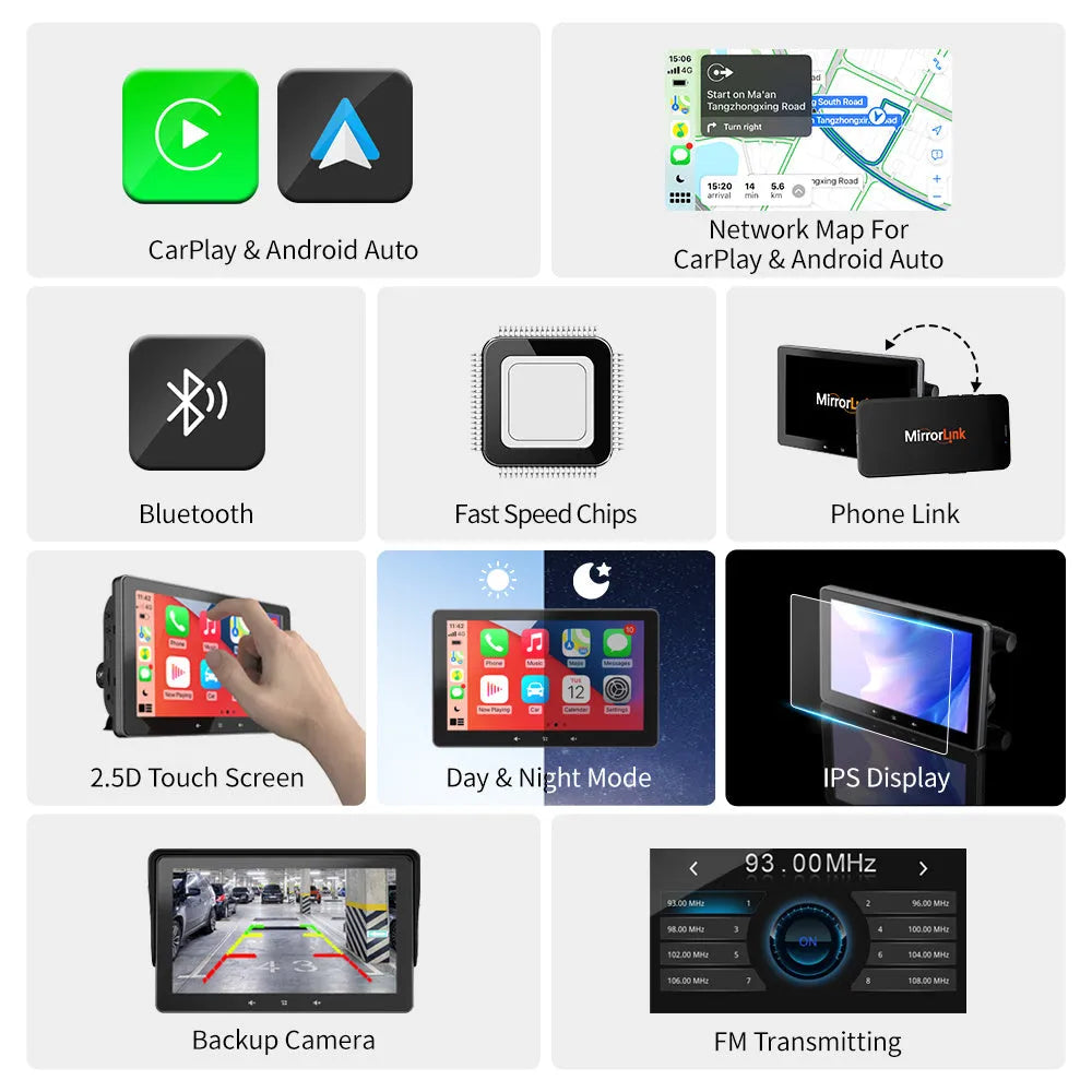 7-inch wireless CarPlay car display with suction cup mount on a dashboard