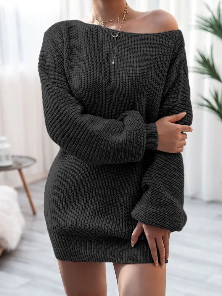 Women's off-shoulder knitted dress with lantern sleeves in solid colour