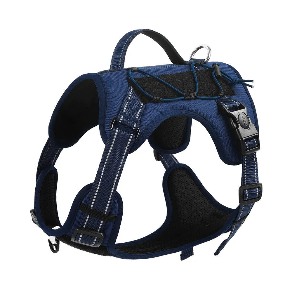 Orange reflective dog harness with explosion-proof hand holding rope on a medium-sized dog.