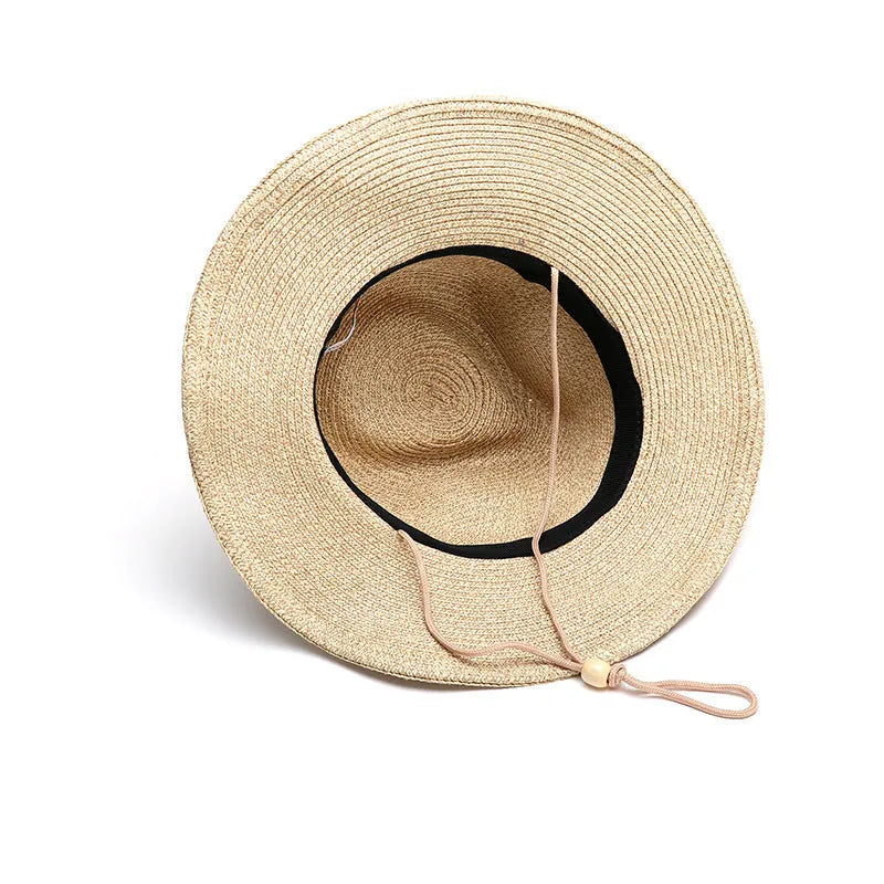 Men's foldable wide-brim straw sun hat in mixed beige shown in three circumference sizes